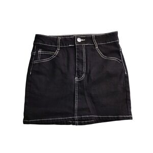 Black Denim Mini Skirt White Contrast Stitching Size S E-girl Grunge 7 Pockets
